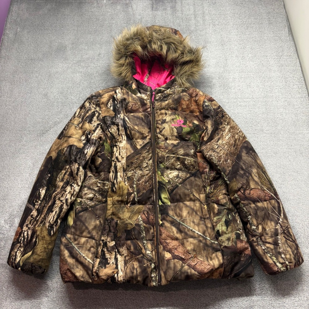 Mossy Oak Puffer Jacket Women XL Brown Camo Good Faux Fur Hood Pink Trim
